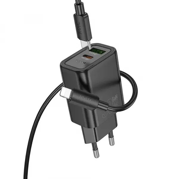 Incarcator Retea Cu Cablu Lightning HOCO N63, 30W, 3A, 1 x USB-A - 1 x USB-C, Negru