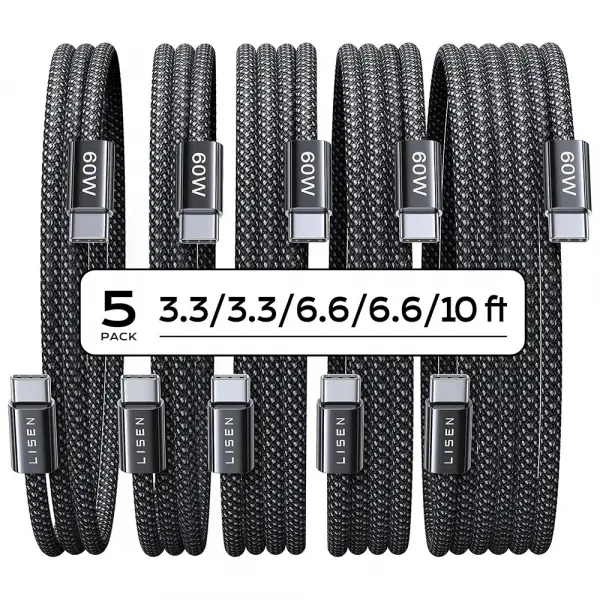 Cablu Date si Incarcare USB-C - USB-C Lisen, 60W, Set 5 bucati (2 x 1m, 2 x 2m, 1 x 3m), Negru YL0123070010