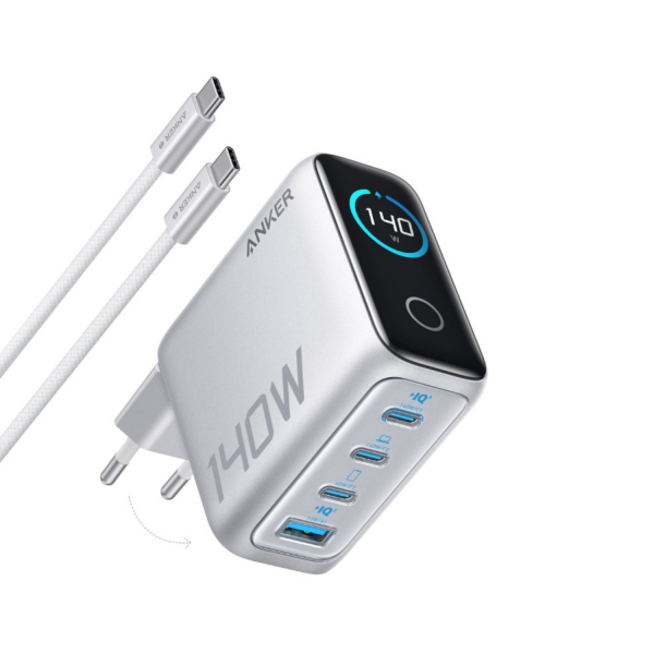 Incarcator Retea Cu Cablu USB-C Anker Zolo, 140W, 5A, 1 x USB-A - 3 x USB-C, Argintiu B2697G41