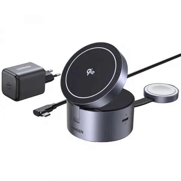 Incarcator Retea Wireless UGREEN W712 (65148) 3in1, 25W, 1.67A, Gri