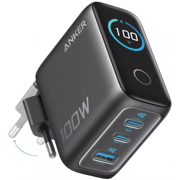 Incarcator Retea Cu Cablu USB-C Anker Smart Display, 100W, 5A, 1 x USB-A - 2 x USB-C, Gri B121BGZ1