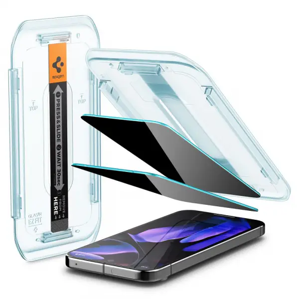 Folie de protectie Ecran Privacy Spigen GlastR EZ FIT pentru Google Pixel 9 / 9 Pro, Sticla Securizata, Full Glue, Set 2 bucati AGL09312
