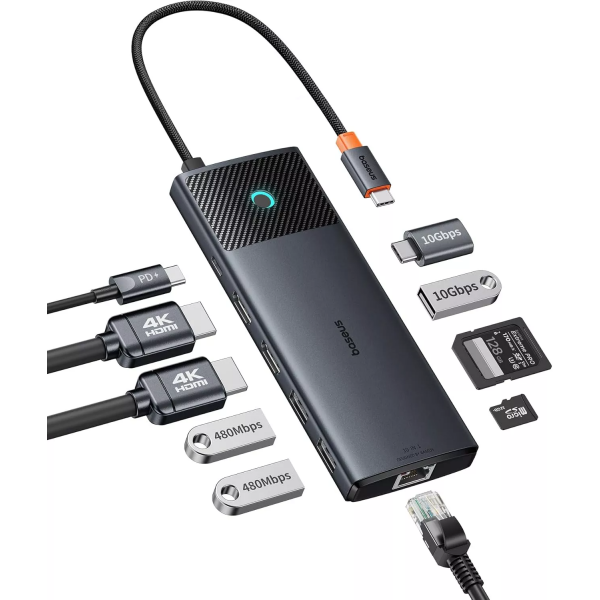 Hub USB-C Baseus Dual Display, 1 x USB-A 3.0 - 2 x USB-A - 2 x USB-C - 2 x HDMI - 1 x RJ45 - 1 x SD - 1 x microSD, Negru B00061800123-01