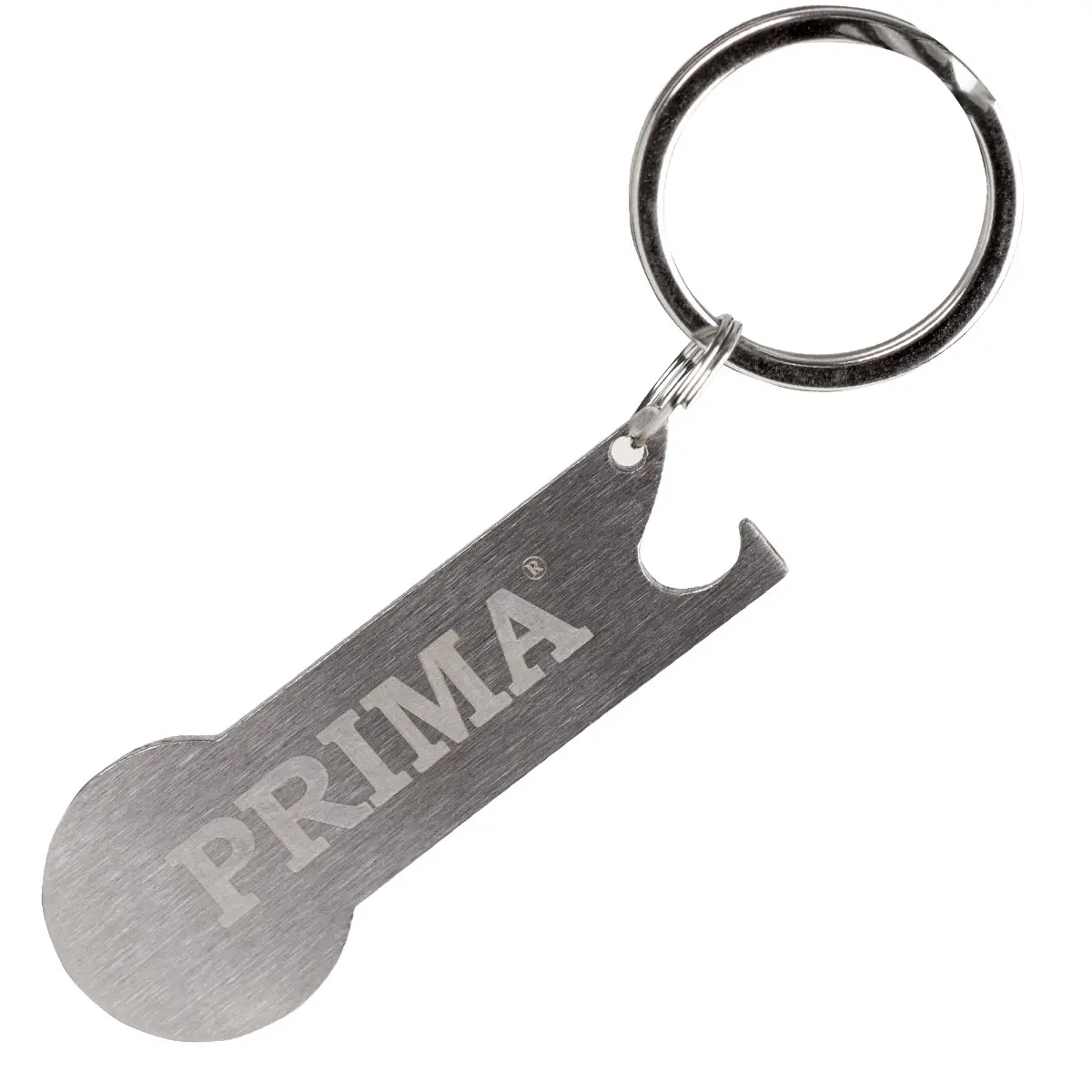 Breloc metalic cu moneda pentru carucior si deschizator de sticle PRIMA, argintiu, 6 x 2.3 cm