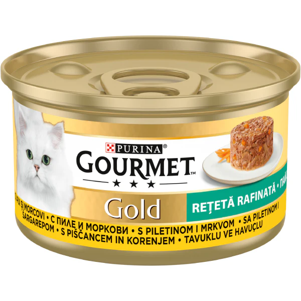 PURINA® GOURMET® GOLD Rețetă Rafinată, cu Pui și Morcovi, hrană umedă pentru pisici, 85 g