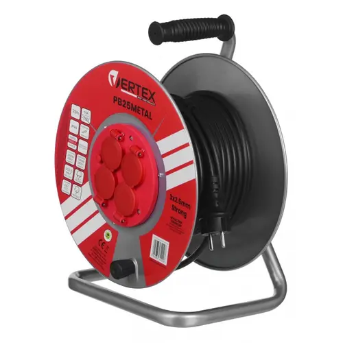 Prelungitor cu tambur Vertex PB25METAL, 4 prize, 25m, Rosu/Negru