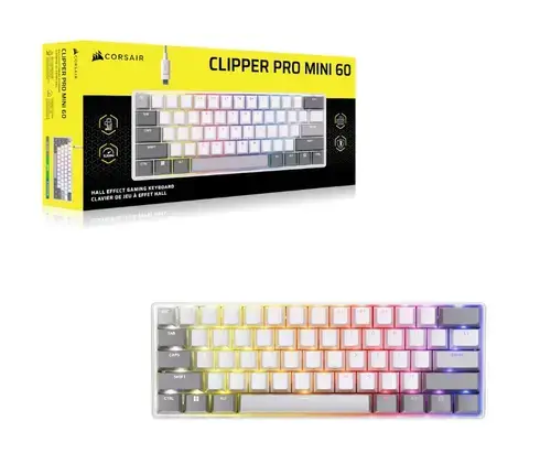 Tastatura mecanica gaming Corsair CLIPPER PRO MINI 60, MGX Hyperdrive Core Hall Effect Switches, compatibila PC/MAC/PS/XBOX, 8K hyper-polling, IP57-rated (Alb)