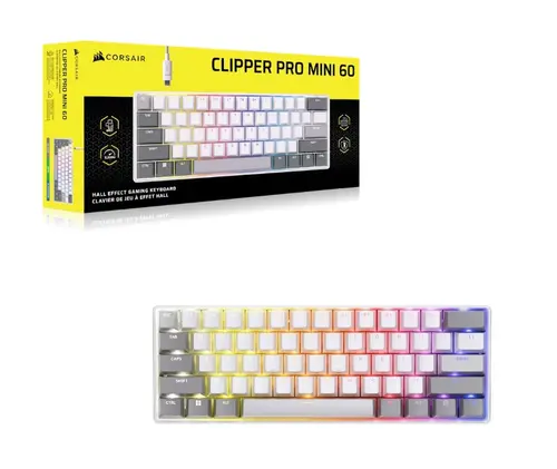 Tastatura mecanica gaming Corsair CLIPPER PRO MINI 60, MGX Hyperdrive Core Hall Effect Switches, compatibila PC/MAC/PS/XBOX, 8K hyper-polling, IP57-rated (Alb)