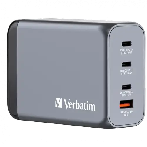 Incarcator retea Verbatim GaN 32205, 240W, 3x USB Type-C 140/100/65 W, 1x USB-A 60 W (Gri)