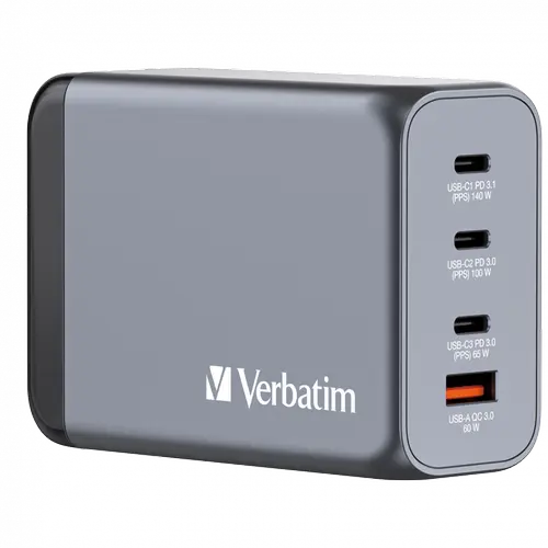 Incarcator retea Verbatim GaN 32205, 240W, 3x USB Type-C 140/100/65 W, 1x USB-A 60 W (Gri)