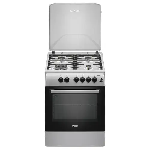 Aragaz SAMUS SM664XPGS1, Gaz, 4 arzatoare, Wok, Cuptor pe gaz, Grill, Aprindere electrica plita, Sigurante plita+cuptor, Timer (Inox/Argintiu)