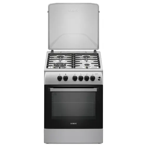 Aragaz SAMUS SM664XPGS1, Gaz, 4 arzatoare, Wok, Cuptor pe gaz, Grill, Aprindere electrica plita, Sigurante plita+cuptor, Timer (Inox/Argintiu)