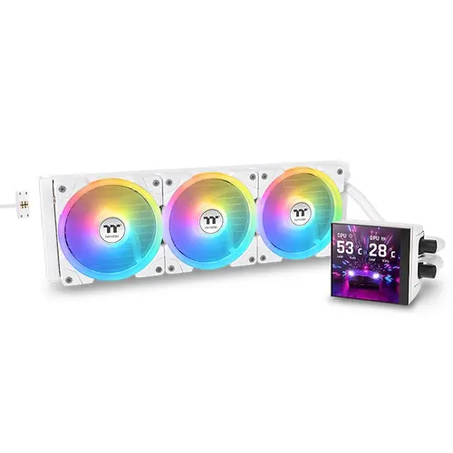 Cooler CPU AIO Thermaltake MAGFloe 360 Ultra Snow ARGB Sync, Racire cu lichid, Ecran LCD 3.95inch, 3x 120mm PWM (Alb)
