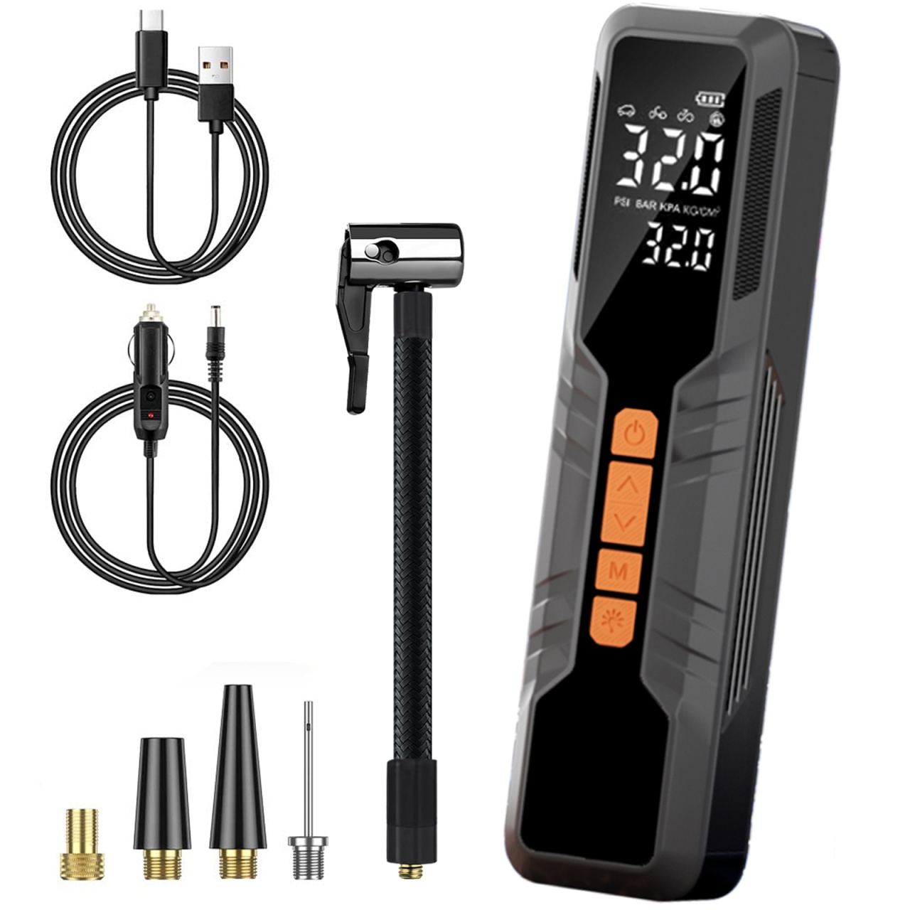 Compresor auto portabil Techstar LW-8018 cu afisaj digital LCD si lanterna LED, presiune maxima 10.3 bar (150 PSI), baterie reincarcabila 6000mAh, incarcare USB Type-C, umflare rapida 20L/min, putere 60W, pentru Masini, Motociclete, Biciclete si Mingi