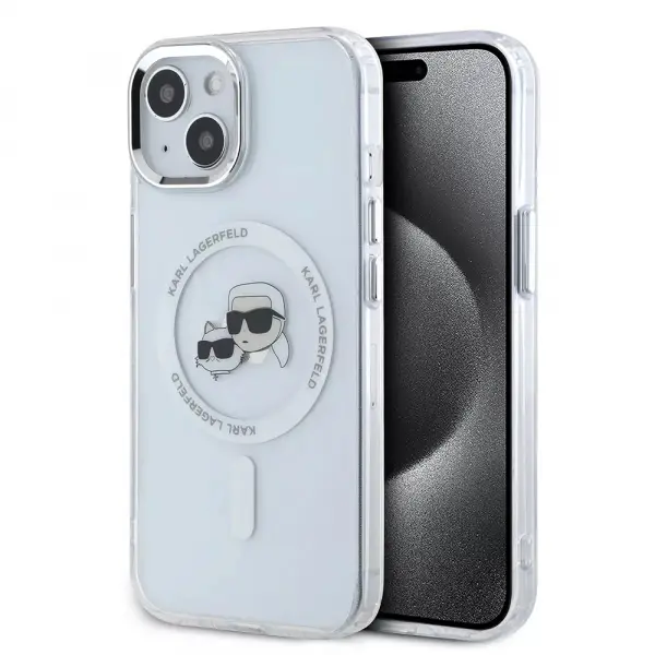 Husa MagSafe pentru Apple iPhone 15, Karl Lagerfeld, IML Metal Karl & Choupette's Heads, Alba