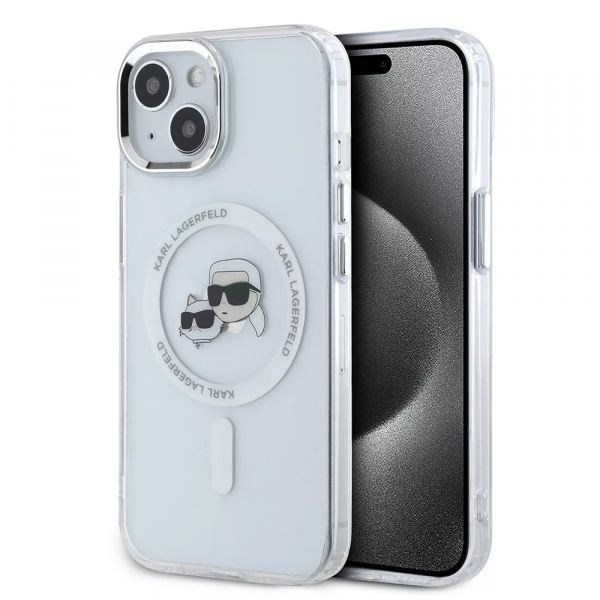 Husa MagSafe pentru Apple iPhone 15, Karl Lagerfeld, IML Metal Karl & Choupette's Heads, Alba