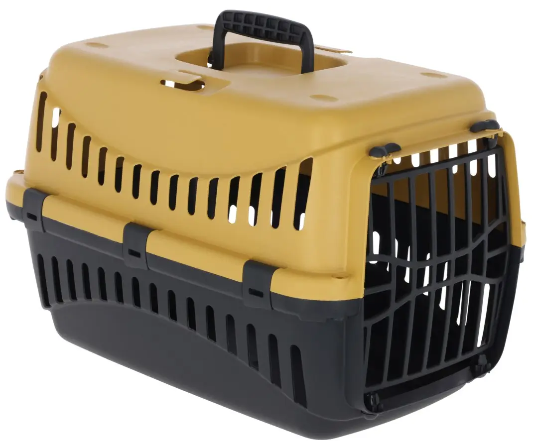 Cusca transport pisici si catei, din plastic, cu usa de plastic si fante auto, galben/negru, 45x30x30 cm - cutie transport animale mici pana la 10 kg