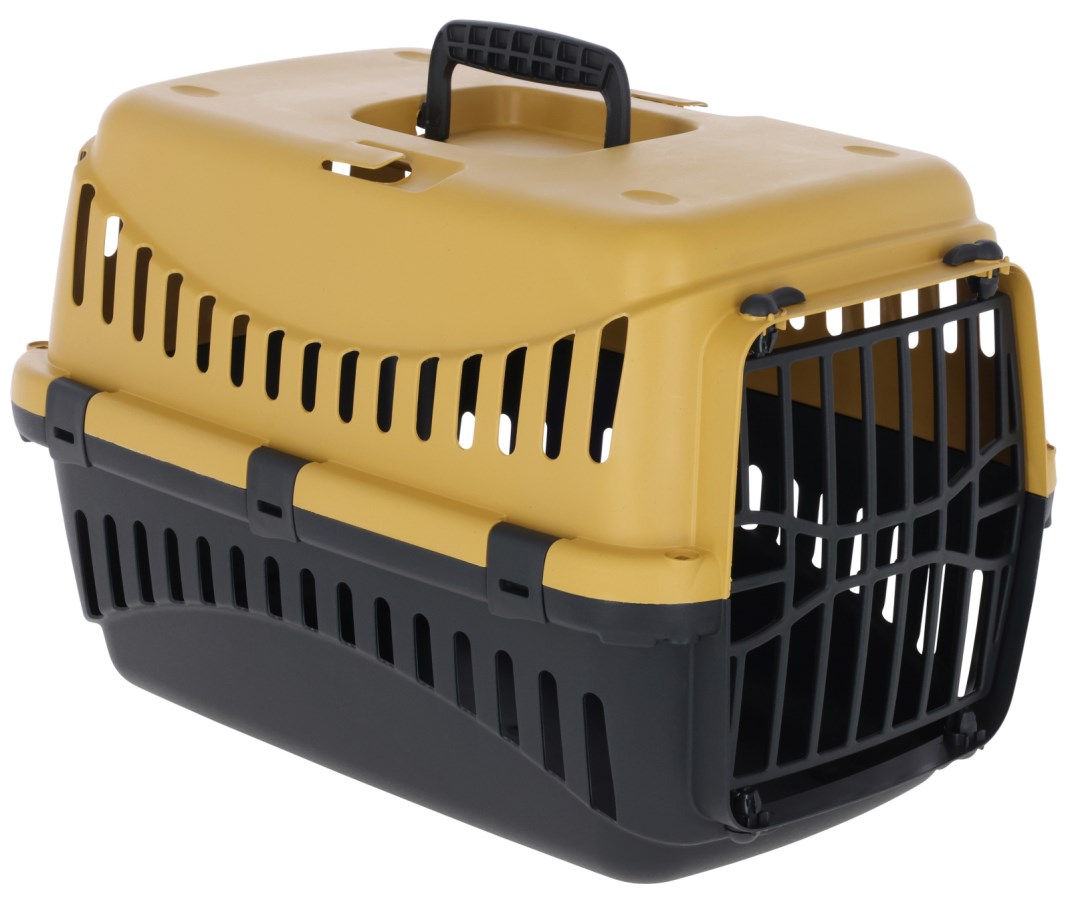 Cusca transport pisici si catei, din plastic, cu usa de plastic si fante auto, galben/negru, 45x30x30 cm - cutie transport animale mici pana la 10 kg