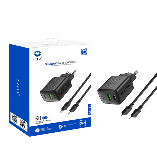 Incarcator Retea Cu Cablu Lightning Lito LC15L, 20W, 3A, 1 x USB-A - 1 x USB-C, Negru