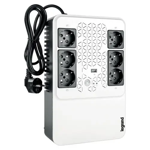 UPS Legrand MULTIPLUG 600, 600VA/360W, 6x German standard sockets, USB charger, baterie 1x 12V 7.2Ah, 230V, tehnologie Line interactiv, dimensiuni 190 x 89.5 x 296 mm