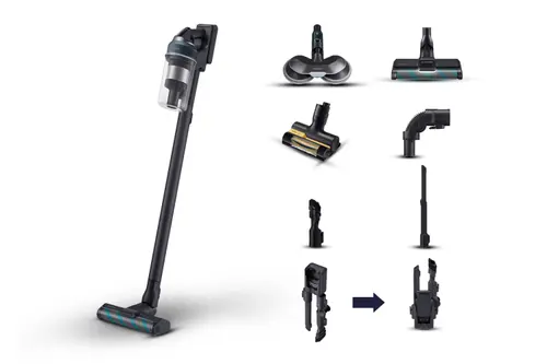 Aspirator vertical Samsung Jet 85 Premium VS20C852FTB/WA, 0.8L, 25.2V, 580W, Digital Inverter, Perie Slim LED pentru parchet, Perie Mop, Perie Pet, 60 min autonomie (Negru/Albastru)