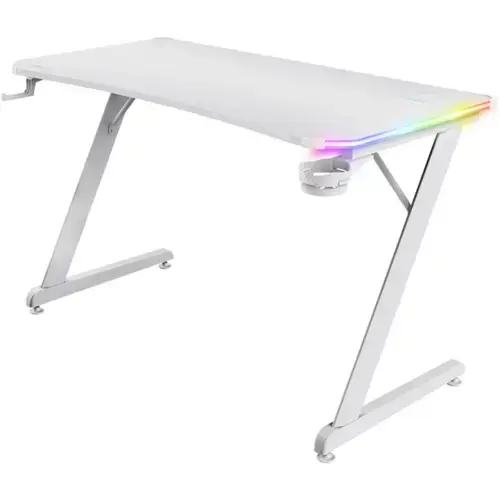 Birou gaming RGB Trust GXT 709W Luminus, 120x60x74 cm, RGB, Management cabluri, Suport casti si pahar, Alb
