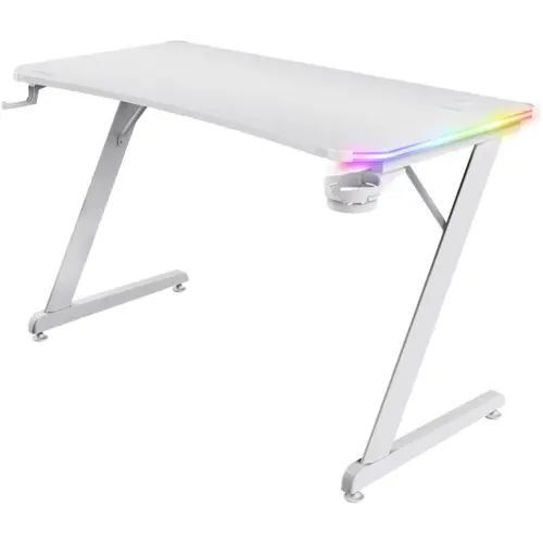 Birou gaming RGB Trust GXT 709W Luminus, 120x60x74 cm, RGB, Management cabluri, Suport casti si pahar, Alb