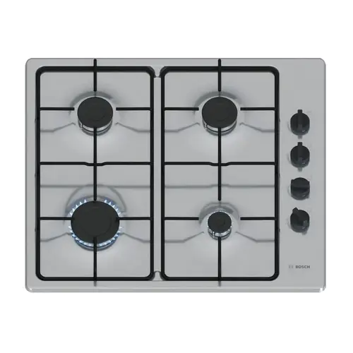 Plita pe gaz BOSCH PBP6B5K80, 7500 W, 75 cm, 4 arzatoare, sticla neagra, FlameSelect, gratare din fonta (Alb)
