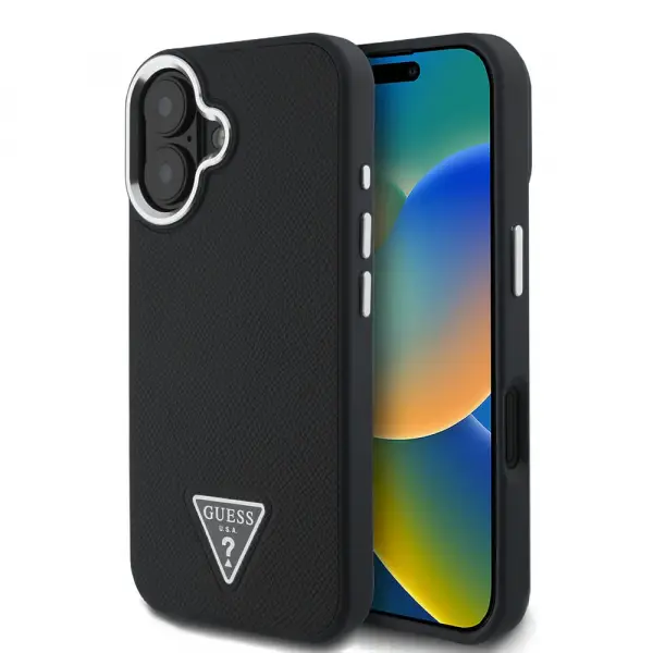 Husa MagSafe pentru Apple iPhone 16, Guess, Grained Triangle Logo, Neagra