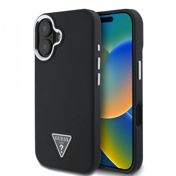 Husa MagSafe pentru Apple iPhone 16, Guess, Grained Triangle Logo, Neagra