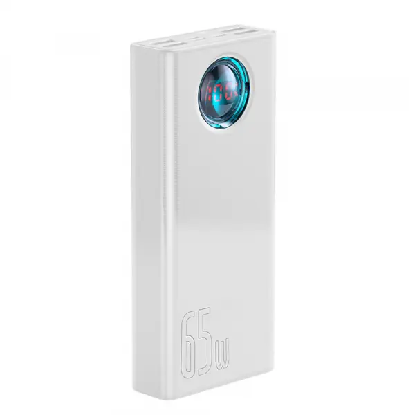 Baterie Externa Baseus  Amblight Digital Display, 30000mAh, 65W, QC + PD, 1 x USB-C - 4 x USB-A, Alba PPLG000102
