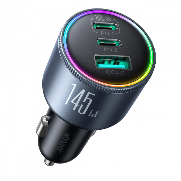Incarcator Auto Cu Cablu USB-C Joyroom JR-CCN07, 145W, 5A, 1 x USB-A - 2 x USB-C, Gri