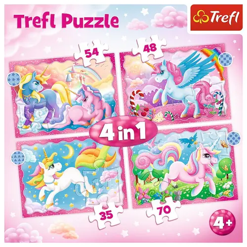 Puzzle Trefl 4 in 1 - Unicorni si magie, 35/48/54/70 piese