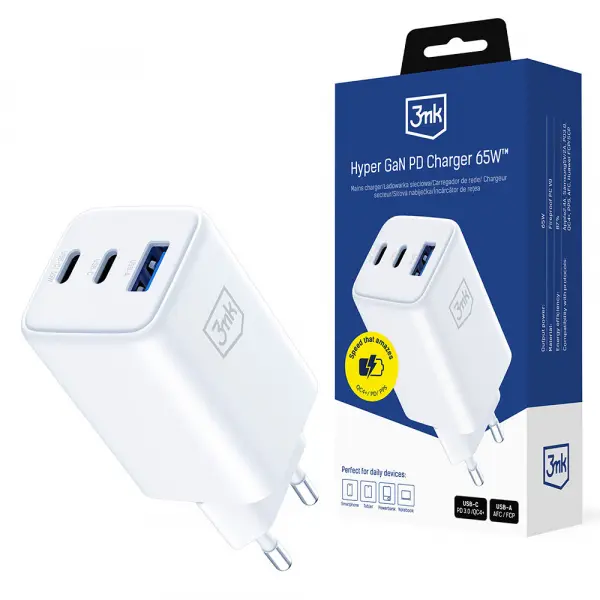 Incarcator Retea 3MK Hyper, 65W, 3.25A, 1 x USB-A - 2 x USB-C, Alb