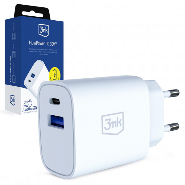 Incarcator Retea 3MK FlowPower, 30W, 1 x USB-A - 1 x USB-C, Alb