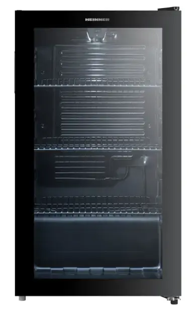 Racitor de bauturi HEINNER HBC-M93BKE, 93 l, Clasa E, 115 doze (335 ml), Lumina LED, 3 rafturi, Usa reversibila, H 84.5 cm (Negru)