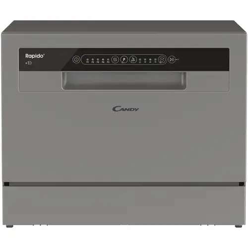 Masina de spalat vase compacta Candy Rapido CP 6E51LS, 6 seturi, 5 programe, Clasa E, Pornire intarziata, Program scurt 35', 55 cm (Argintiu)