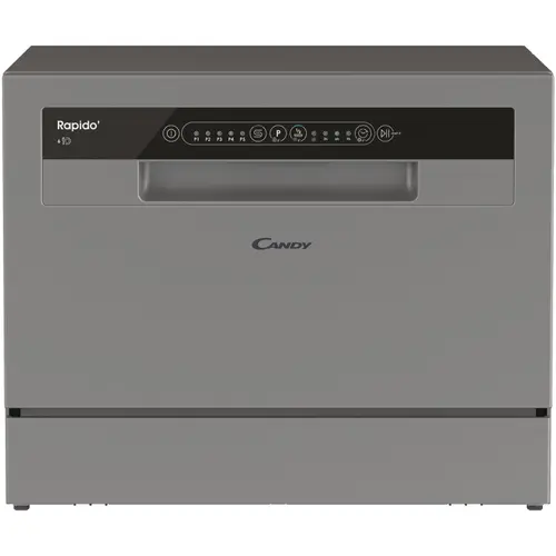 Masina de spalat vase compacta Candy Rapido CP 6E51LS, 6 seturi, 5 programe, Clasa E, Pornire intarziata, Program scurt 35', 55 cm (Argintiu)