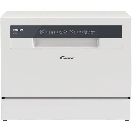 Masina de spalat vase compacta Candy Rapido CP 6E51LW, 6 seturi, 5 programe, Clasa E, Pornire intarziata, Program scurt 35', 55 cm (Alb)