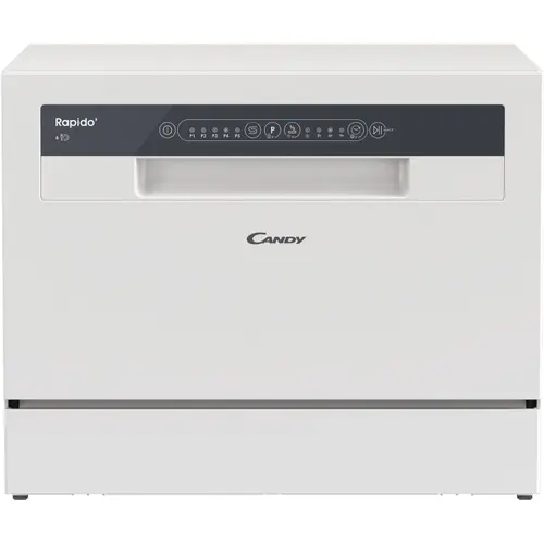 Masina de spalat vase compacta Candy Rapido CP 6E51LW, 6 seturi, 5 programe, Clasa E, Pornire intarziata, Program scurt 35', 55 cm (Alb)