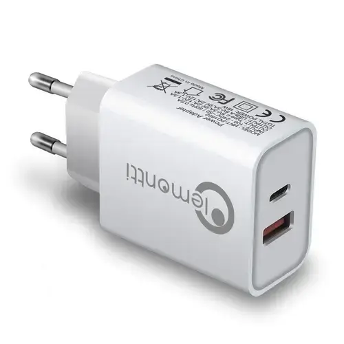 Incarcator Retea Lemontti LEMIRPDTU20ALB, 1 x USB Type-C, 1 x USB Quick Charge 3.0 20W, 3.4A (Alb)