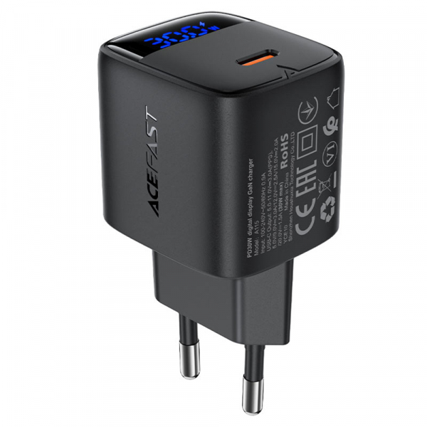 Incarcator Retea Acefast A115 Display, 30W, 3A, 1 x USB-C, Negru