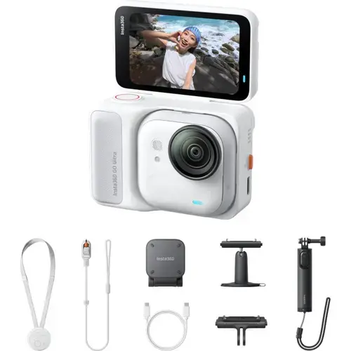 Camera video de actiune Insta360 GO Ultra Creator Bundle, 4K Ultra HD 60FPS, 50MP, Autonomie 200 minute, Wi-Fi, Bluetooth 5.4, IPX4 (Alb)