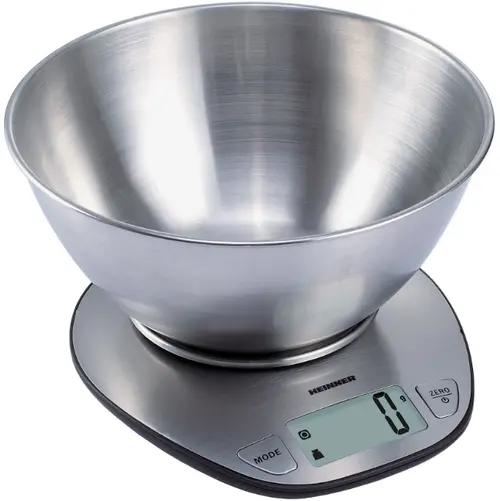 Cantar de bucatarie cu bol Heinner HKS-5SS, 5 kg, Functie tara, Functie cantarire lichide, Display lcd (Inox)