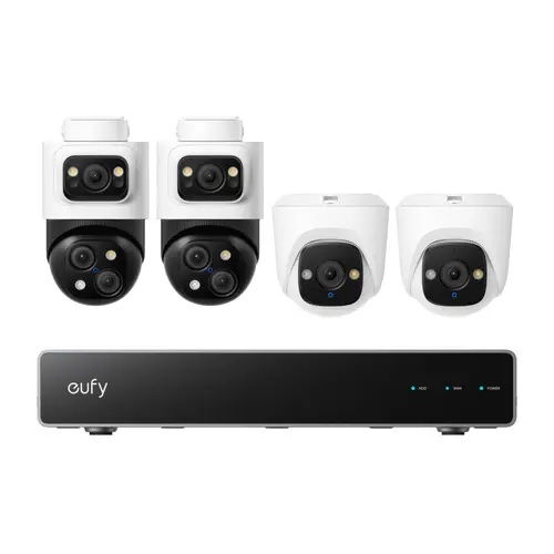 Kit supraveghere video eufy NVR S4, AI, Dual View, Night Vision Color, cu 2 camere PoE Bullet si 2 camere PoE Turret (Alb/Negru)