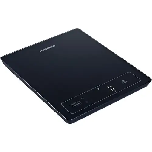 Cantar de bucatarie inteligent Heinner HKS-SM15BK, 15 kg, sticla securizata 4mm, functie bluetooth, display led, control touch, gradare: 1g, functie Cantarire lichide, design depozitare verticala, baterii: 3 x 1.5v aaa (nu sunt incluse) (Negru)