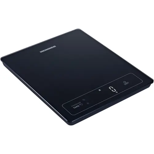 Cantar de bucatarie inteligent Heinner HKS-SM15BK, 15 kg, sticla securizata 4mm, functie bluetooth, display led, control touch, gradare: 1g, functie Cantarire lichide, design depozitare verticala, baterii: 3 x 1.5v aaa (nu sunt incluse) (Negru)