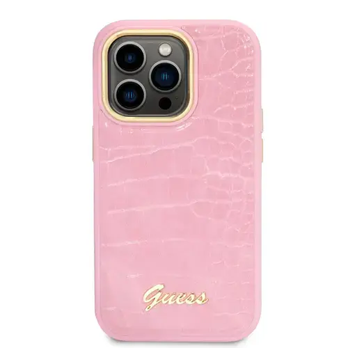 Husa telefon Guess pentru iPhone 14 Pro, Croco with Metal Logo, Piele ecologica, Roz