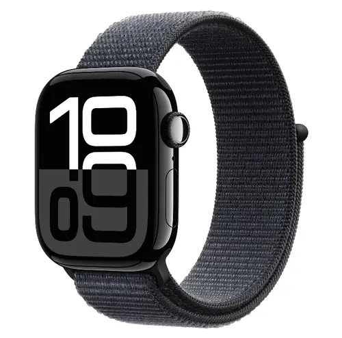 Smartwatch Apple Watch 10 GPS Cellular, Carcasa  Jet Black Aluminium 46mm, ecran LTPO OLED, 64GB, curea textil Ink Sport Loop (Negru)