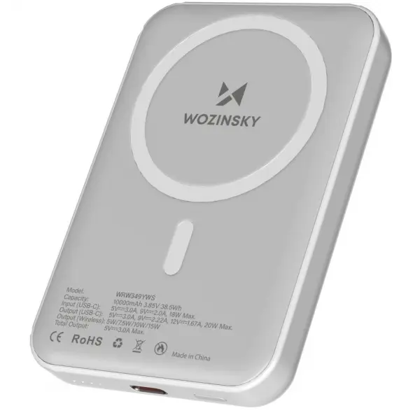 Baterie Externa Wireless WZK WRW349YWS, 10000mAh, 20W, PD + FQI, 1 x QI - 1 x USB-C, Alba